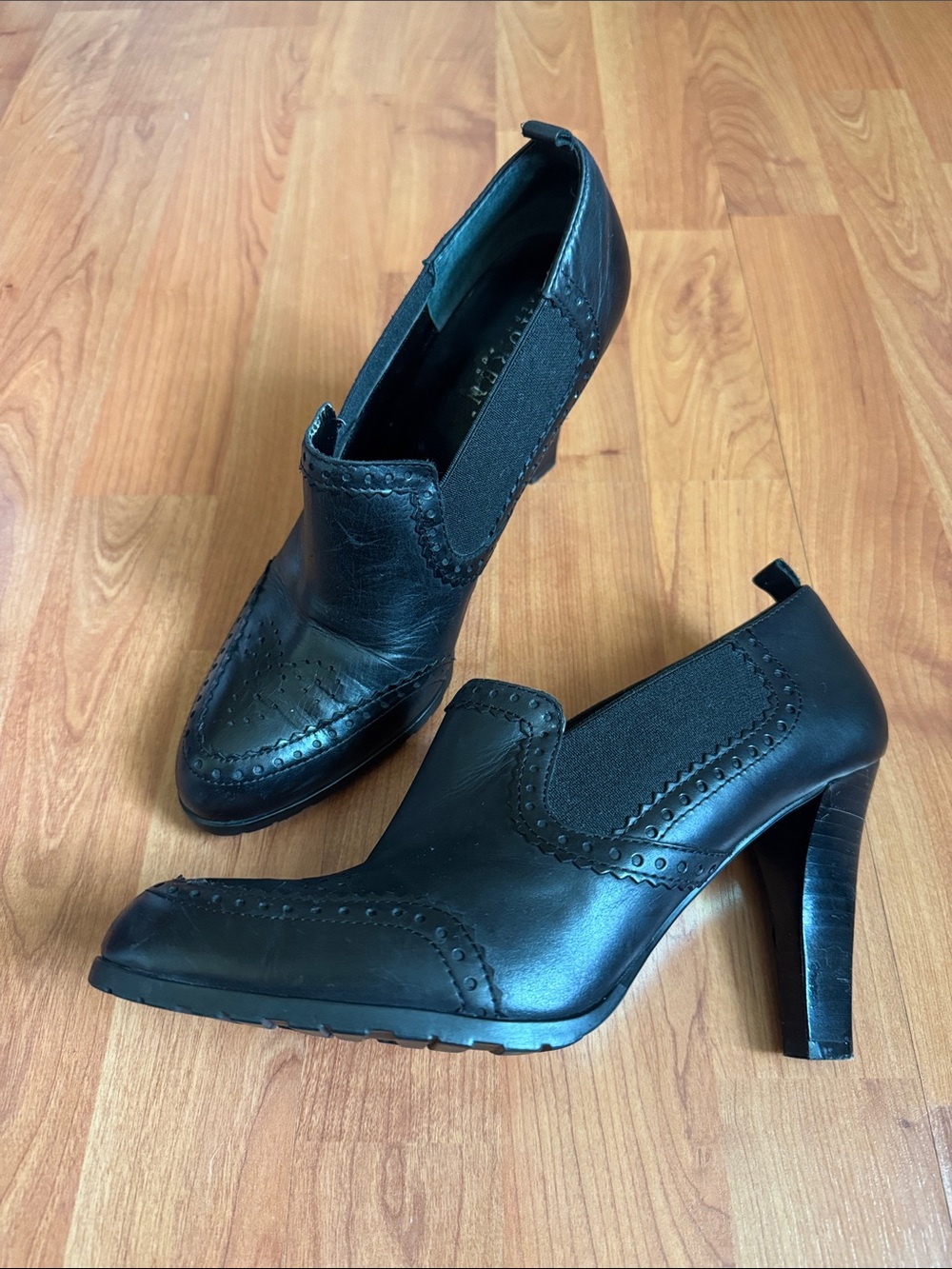 Lauren Ralph Lauren Black Leather High-Heel Brogue Booties